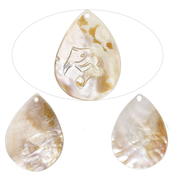 Focal, mother-of-pearl shell (natural/bleached), 57x42mm-65x48mm hand-carved teardrop with angelfish design, Mohs hardness 3-1/2. Sold per pkg of 3. image number 0