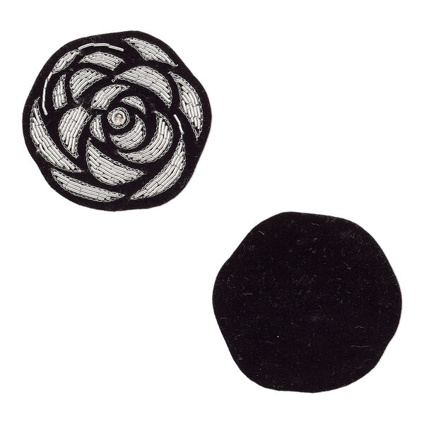 Sew-on component, velveteen / glass / silver-finished copper French wire, black, 2-1/4 x 2-1/4 inch flower. Sold individually. image number 0
