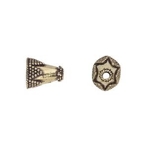 Cone, antique gold-finished brass, 11x10mm beaded hexagonal, 7x6mm hole. Sold per pkg of 6.
