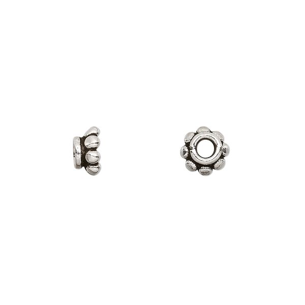 Bead cap, antiqued sterling silver, 7x3.5mm beaded rondelle, fits 6-8mm bead. Sold per pkg of 4. image number 0