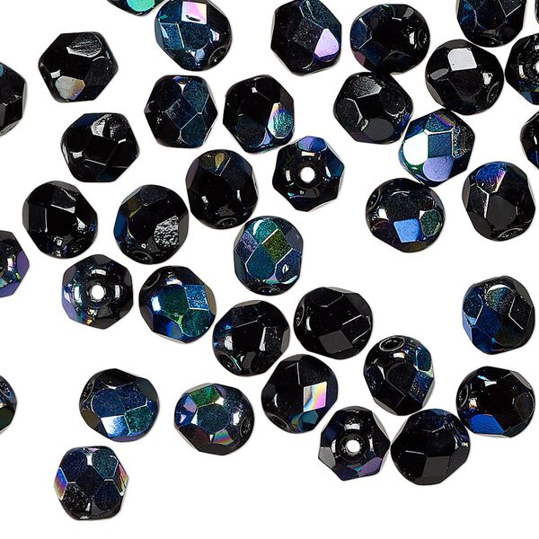 Czech fire-polished glass 1pkg60, faceted round bead opaque jet black AB 6mm image number 0
