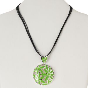 Necklace, 4-strand, silver-plated steel and "pewter" (zinc-based alloy) / epoxy / waxed cotton cord, black and light green, 45mm open circle with flower design, 16 inches with 3-inch extender chain and lobster claw clasp. Sold individually.