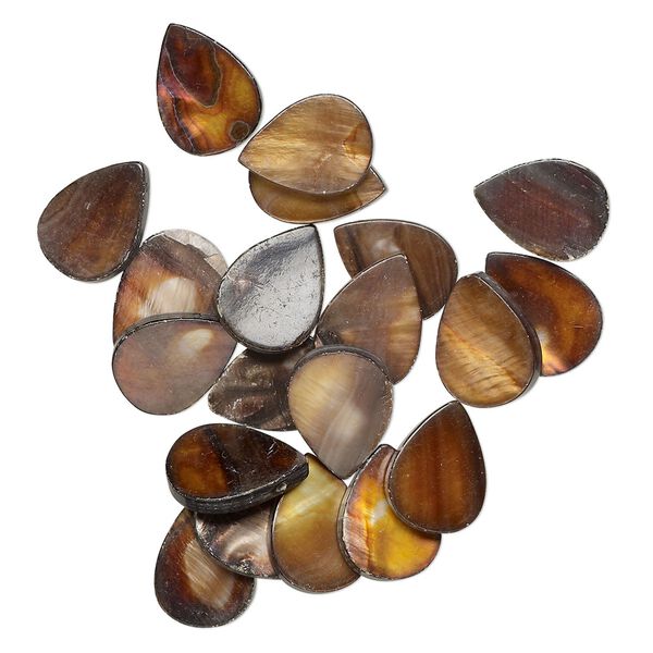 Bead, mother-of-pearl shell (dyed), brown, 17x13mm-19x14mm top-drilled flat teardrop with 0.6mm hole, Mohs hardness 3-1/2. Sold per pkg of 20. image number 0