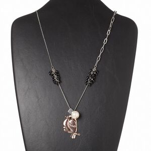 Necklace, acrylic / Czech glass rhinestone / antiqued copper-finished "pewter" (zinc-based alloy) / antiqued silver-finished brass and steel, white and black, 40x30mm bird, 34 inches with 3-inch extender chain and lobster claw clasp. Sold individually.