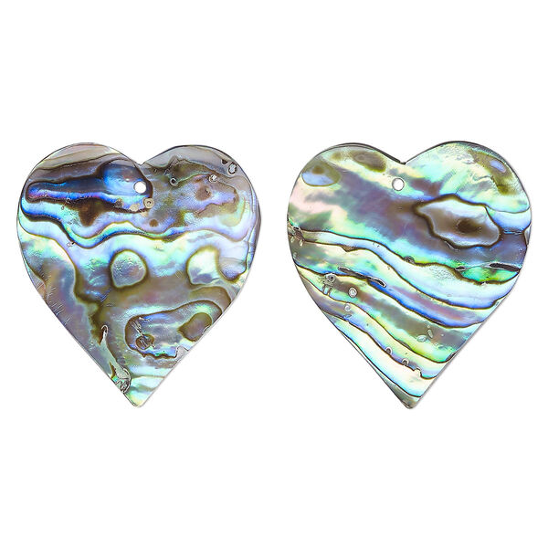 Drop, paua shell (natural), 28x26mm hand-cut top-drilled single-sided heart, Mohs hardness 3-1/2. Sold per pkg of 2. image number 0