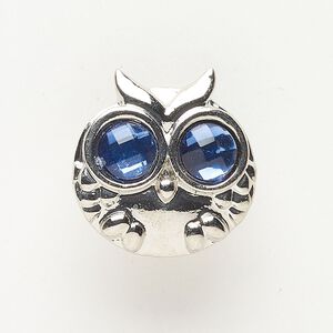 Bead, slide, brass and acrylic, pkg/1, 25x24mm owl, antique silver finish and blue.