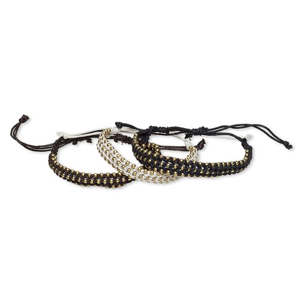 Bracelet mix, cotton / acrylic / gold-coated plastic, brown / white / black, 9mm wide, adjustable from 6-10 inches with wrapped knot closure. Sold per pkg of 3. image number 0