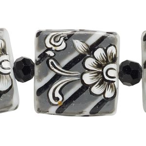 Bead, lampworked glass, black / grey / white, 8mm faceted round and 25mm double-sided flat square with hand-painted flowers and stripes. Sold per 7-inch strand.
