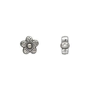 Bead, antique silver-plated "pewter" (zinc-based alloy), 9x8mm double-sided flower. Sold per pkg of 50.