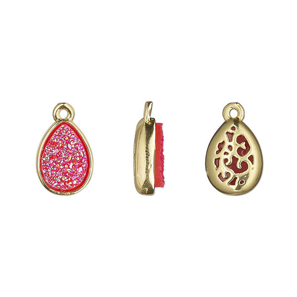 Drop, Druzylite™, "druzy" (resin) and gold-finished brass, hot pink, 11.5x8.5mm two-sided teardrop with open filigree back. Sold per pkg of 4. image number 0