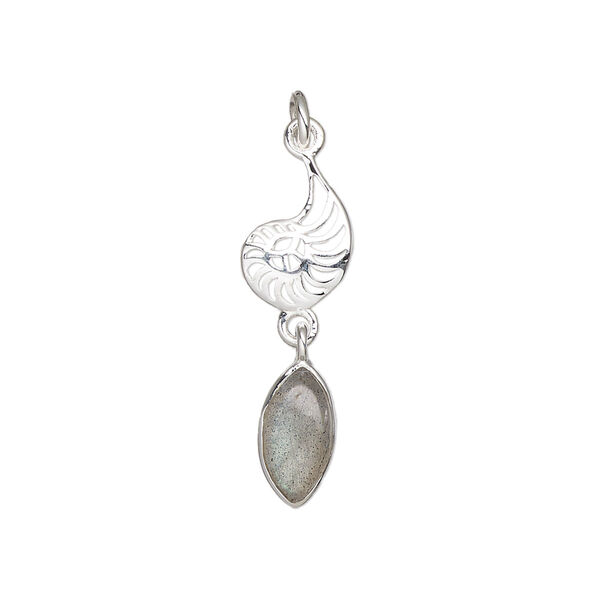 Labradorite / sterling silver 1pkg1, nautilus drop natural antiqued 26x8mm image number 0