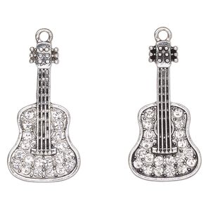 Focal, antique silver-finished "pewter" (zinc-based alloy) and glass, clear, 33x17mm guitar. Sold per pkg of 2.