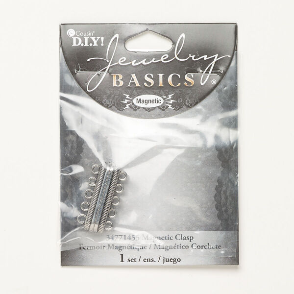 Clasp, 5-strand magnetic, antique silver-finished "pewter" (zinc-based alloy), 28x8mm double-sided rectangle with rope design. Sold individually. image number 0