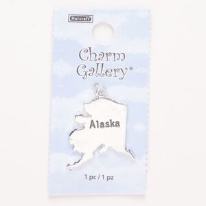 Charm, steel and enamel, pkg/1, silver finish and black, 25mm with "Alaska."