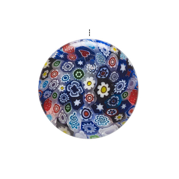 Drop, millefiori glass, translucent multicolored, 24-26mm top-drilled puffed flat round with flower design. Sold individually. image number 0