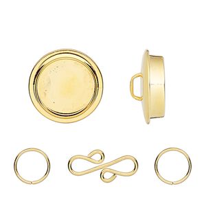Clasp, gold-plated "pewter" (zinc-based alloy), 25mm round with 19mm non-calibrated round bezel setting and 17x9mm S-hook with (2) 8mm jump rings. Sold individually.