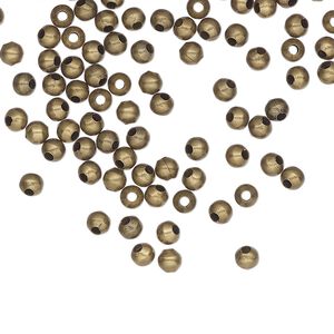 Bead, antique brass-plated steel, 3mm round. Sold per pkg of 100.