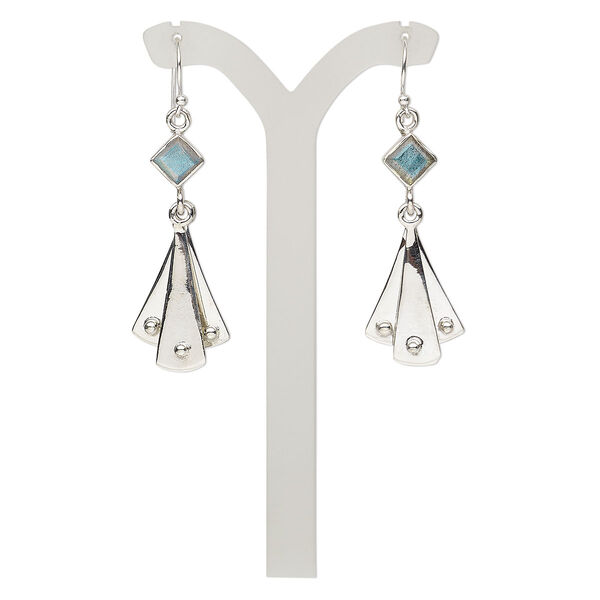Earring, labradorite (natural) and sterling silver, 2 inches with shield and fishhook ear wire, 21 gauge. Sold per pair. image number 0