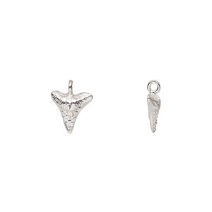 Charm, sterling silver and cubic zirconia, clear, 9x8.5mm shark tooth. Sold individually.
