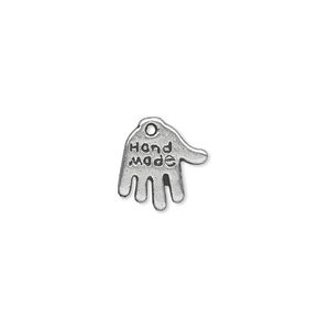 Charm, antique silver-plated "pewter" (zinc-based alloy), 13x11mm double-sided hand with "Hand Made" engraving. Sold per pkg of 50.