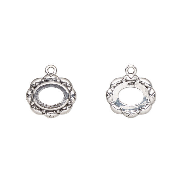Drop, antiqued sterling silver, 12x11mm overall with 8x6mm oval setting and flower design with open back. Sold individually. image number 0