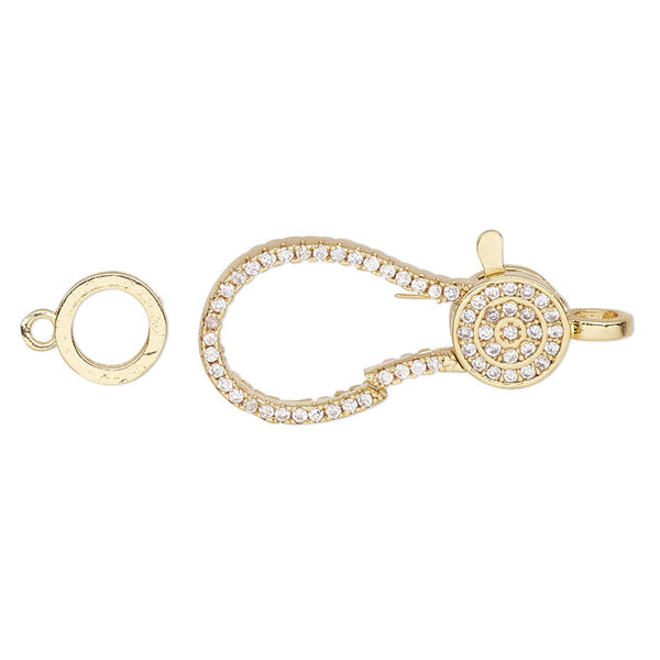 Clasp, lobster claw, cubic zirconia and gold-finished brass, clear, 24.5x12.5mm double-sided with 7.5mm ring. Sold individually. image number 0