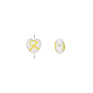 Bead, lampworked glass, opaque white and yellow, 14x14mm double-sided puffed heart with awareness ribbon. Sold per pkg of 2.
