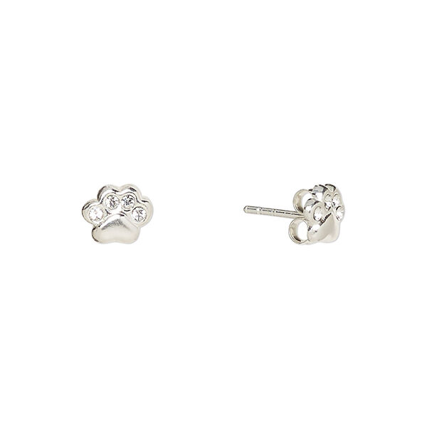 Earstud, Create Compliments®, sterling silver and crystal, clear, 7.5x6mm paw print. Sold per pair. image number 0
