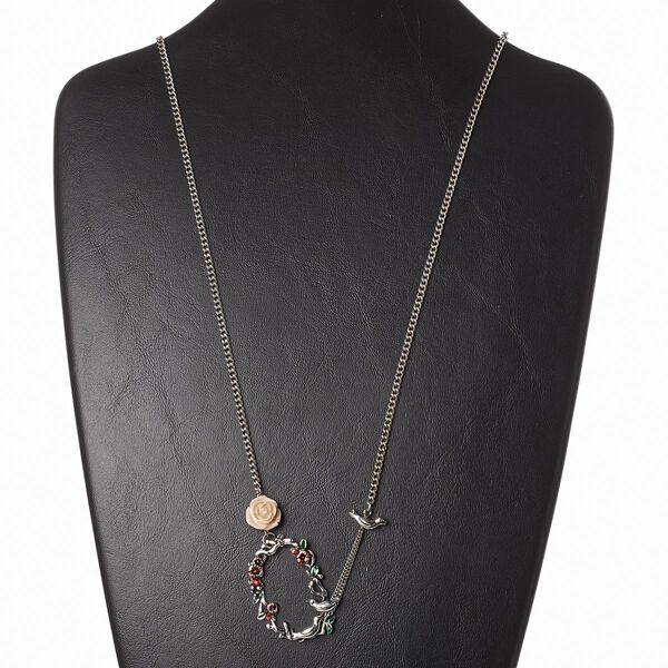 Necklace, resin / Czech glass rhinestone / enamel / steel / antiqued silver-finished "pewter" ( zinc-based alloy) and steel, red / green / cream, 44x36mm oval with vine and bird design, 28 inches with 2-inch extender chain with lobster claw clasp. Sold individually. image number 0