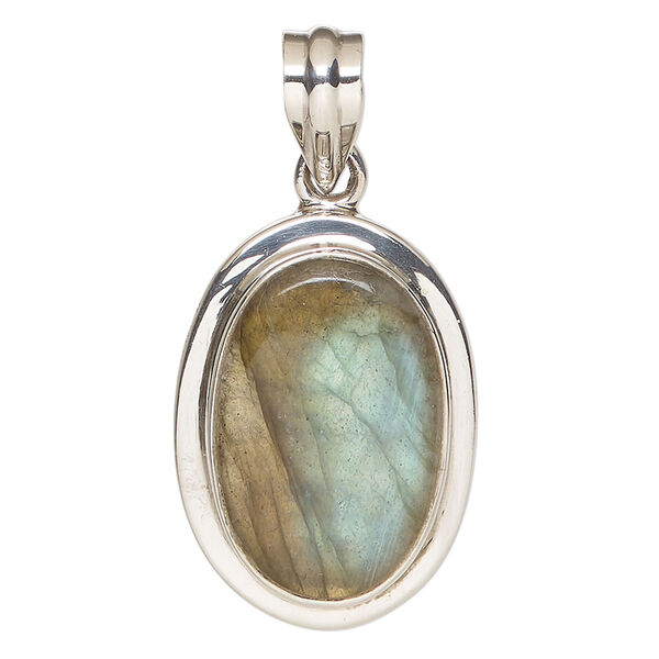 Pendant, labradorite (natural) and sterling silver, 30x23mm oval. Sold individually. image number 0