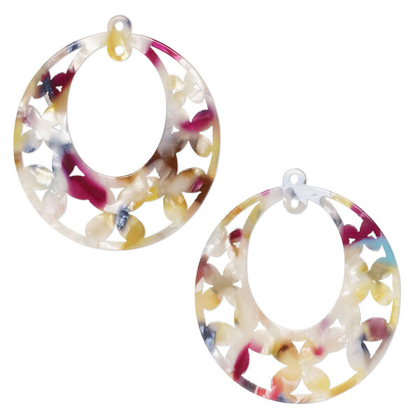 Focal, resin, multicolored, 40x38mm oval go-go with flowers and loop. Sold per pkg of 2. image number 0