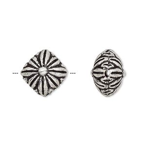 Bead, antiqued silver-finished brass, 14x14mm puffed diamond with flower. Sold per pkg of 2.