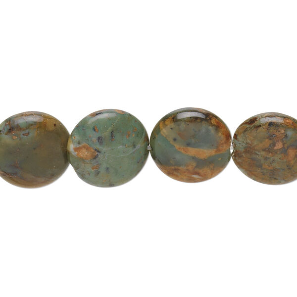 Bead, green "opal" (chalcedony) (natural), 12mm flat round, B grade, Mohs hardness 5 to 6-1/2. Sold per 15-1/2" to 16" strand. image number 0