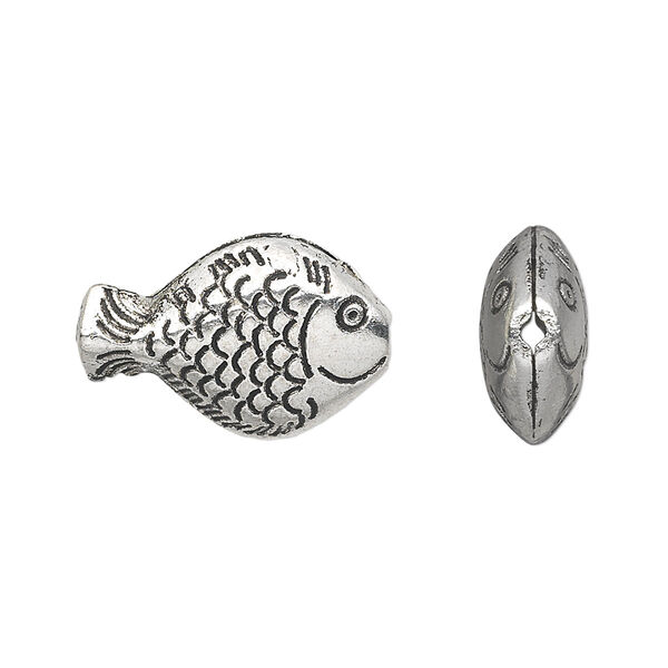 Bead, antique silver-plated "pewter" (zinc-based alloy), 20x14mm hollow fish. Sold per pkg of 10. image number 0