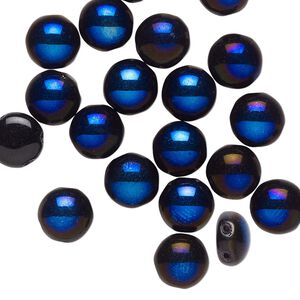 Bead, Preciosa Candy™, Czech pressed glass, opaque black with half-coat iris spinel blue, 8mm candy with (2) 0.8-0.9mm holes. Sold per pkg of 20.