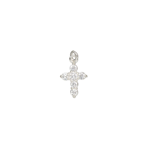 Drop, cubic zirconia and sterling silver, clear, 10x8mm single-sided cross with 3mm closed jump ring. Sold individually. image number 0