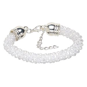 Bracelet, glass / silver-coated plastic / silver-plated steel / "pewter" (zinc-based alloy), clear AB, 7.5mm wide, 7 inches with 2-inch extender chain and lobster claw clasp. Sold individually.