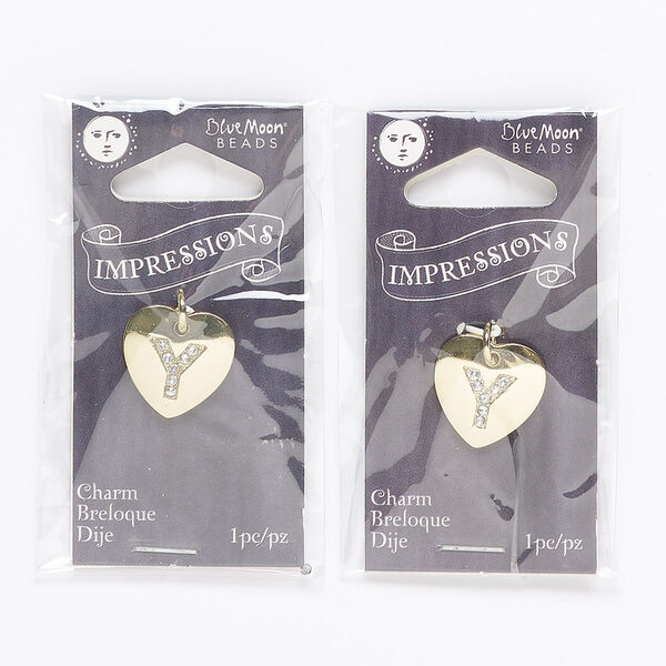 Charm, gold-finished "pewter" (zinc-based alloy) / steel / acrylic rhinestone, clear, 15.5x15mm single-sided puffed heart with letter "Y." Sold per pkg of 2. image number 0