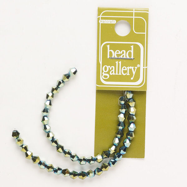 Bead, glass, opaque and translucent steel blue and green iris, 4mm two-tone faceted bicone. Sold per 8-inch strand, approximately 45 beads. image number 0
