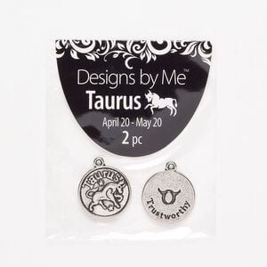"Pewter" (zinc-based alloy) / enamel 1pkg2, 2-sided round charm / Taurus / "Trustworthy" antique silver-finish / black 17mm