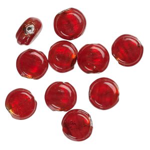 Bead, lampworked glass, opaque red, 12x7mm-10x6mm flat round with silver-colored foil. Sold per pkg of 10.
