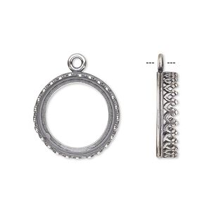 Drop, JBB Findings, antique silver-plated brass, 18mm round with open back and decorative trim, 16mm round bezel setting. Sold per pkg of 2.