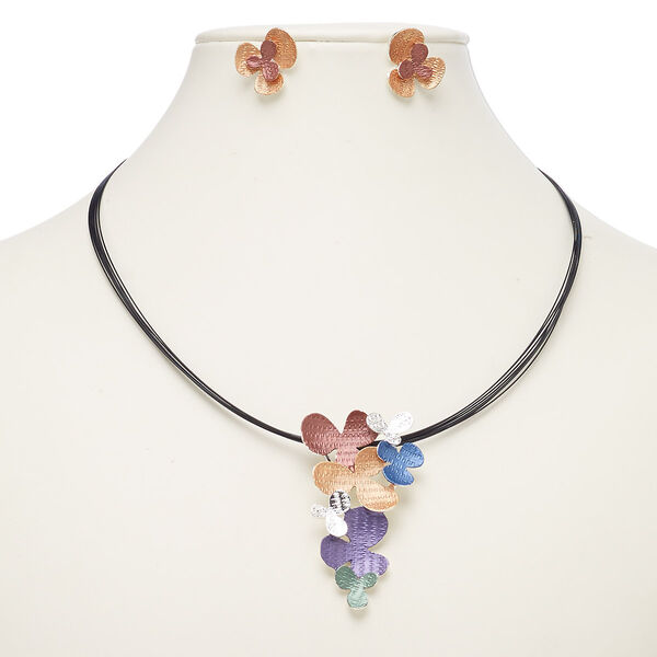 Necklace and earring set, 6-strand, enamel / plastic / imitation rhodium-plated steel / "pewter" (zinc-based alloy), multicolored, 59x35mm flowers, 18-inch necklace with 2-inch extender chain and lobster claw clasp, 19x17mm flower with post. Sold per set. image number 0