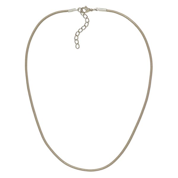 Necklace cord, leather and imitation rhodium-plated brass and steel, taupe, 2mm round, 16 inches with 2-inch extender chain and lobster claw clasp. Sold per pkg of 6. image number 0