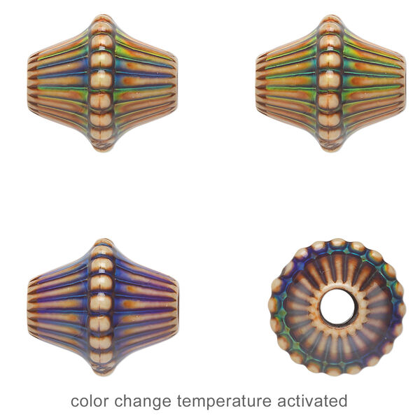 Bead, acrylic, tan and multicolored, 16x14mm color-changing corrugated double cone. Sold per pkg of 4. image number 1