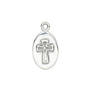 Drop, antiqued sterling silver, 18x12mm oval with cross. Sold individually