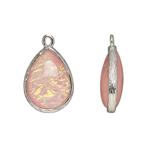 Drop, Opalized Ice™, "opal" (resin) and imitation rhodium-finished brass, opaque light pink, 19.5x15mm double-sided teardrop. Sold per pkg of 4. image number 0