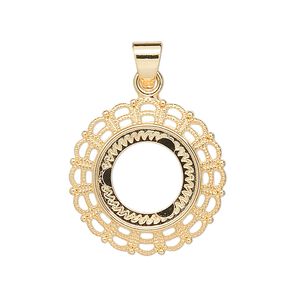 Pendant, gold-plated "pewter" (zinc-based alloy), 23mm fancy round with 14mm round setting. Sold per pkg of 4.