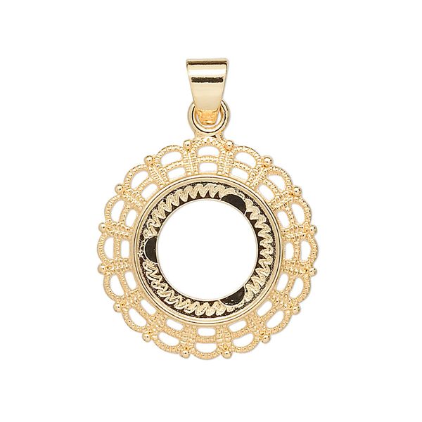 Pendant, gold-plated "pewter" (zinc-based alloy), 23mm fancy round with 14mm round setting. Sold per pkg of 4. image number 0