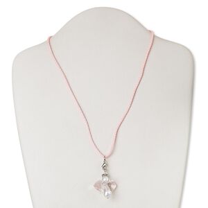 Necklace, nylon / glass / silver-plated steel / brass, pink and clear, angel, 18 inches with 2-inch extender chain and lobster claw clasp. Sold individually.